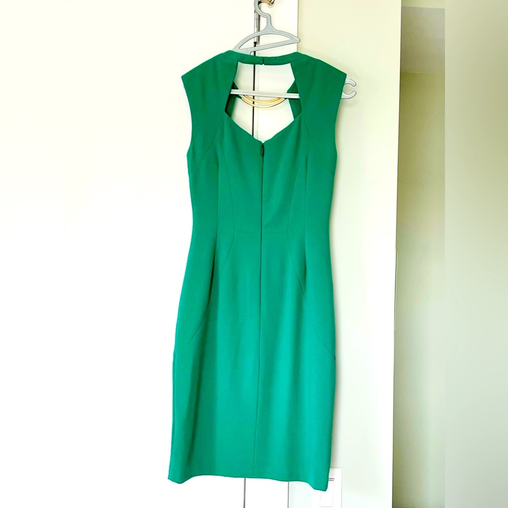 BCBG vibrant classy green dress with gold features around the neck line